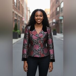 VTG Neiman Marcus Floral Black, Pink and Gray Blazer w/ velvet lapels.